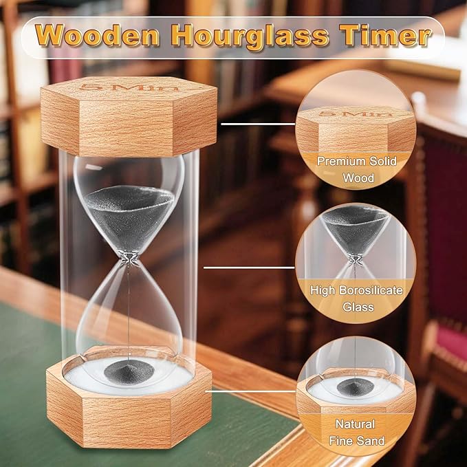 Sand Timer 2 Minute Hourglass, Natural Wood Grain Hexagonal Hour Glass Blaçk Sand Clock 2 Minutes, Reloj De Arena, Wooden Sandglass Sand Watçh 2 Min for Kids, Rustic Decor, Office, Game, Classroom