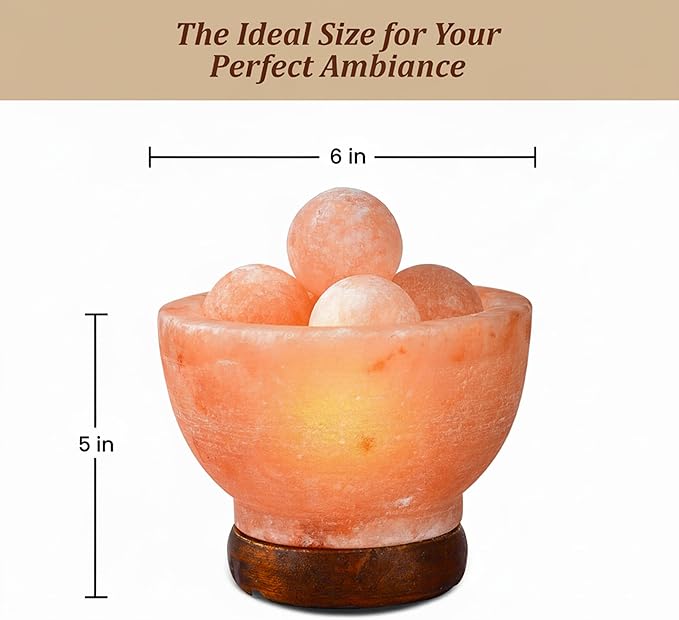 POHS Himalayan Pink Salt Fire Bowl Lamp with 5 Massage Balls, dimmable Switch Electrical Cord, with Replaceable Bulbs, Premium Wood Base.