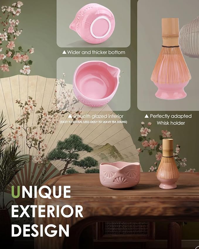 Matcha Whisk Set, Ceramic Matcha Set Includes Matcha Bowl with Spout, Matcha Whisk and Holder, Bamboo Scoop, Sifter and Tea Towel - 6 Pcs Matcha Kit Gift for Matcha Lovers (Pink)