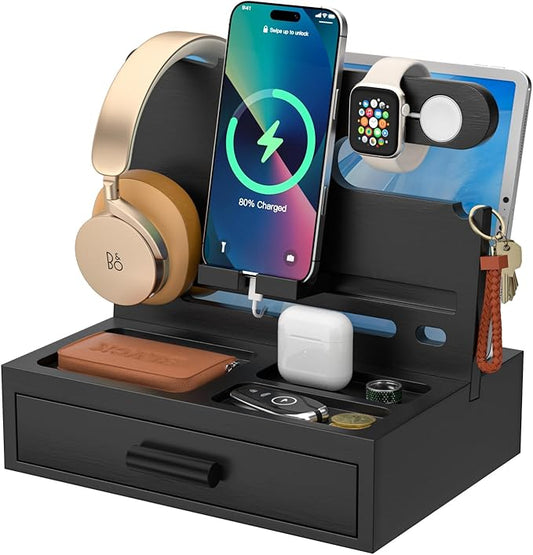 Sephyroth Bamboo Phone Docking Station Nightstand Organizer Bedside Organizer Cell Phone Stand Gifts for Men, Dad Gifts for Boyfriend Gift for Husband with Drawer Storage (Black)