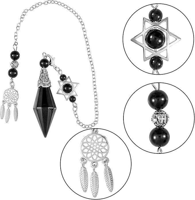 TUMBEELLUWA Reiki Healing Crystal Point Pendulum Dowsing Divination, Reiki Meditation Faceted Stone Pendant with Dream Catcher and Merkaba Star Chain, Black Obsidian