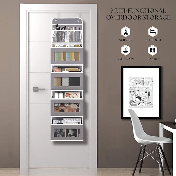 Over Door Organizer with 4 Large Capacity Pockets, Hanging Organizer Storage for Closet Bathroom Nursery Bedroom Dorm, Toys Cosmetics Sundries and Baby Essentials, Gray