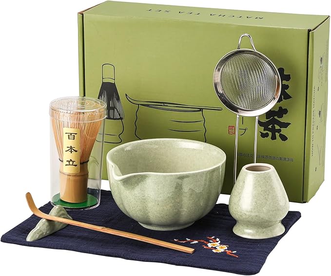 Matcha Set, 7 Pcs Mottled Green Matcha Whisk Set - Include Ceramic Petal Matcha Bowl with Spout, Bamboo Whisk, Chasen Holder, Sifter, Scoop, Tea Towel, Scoop Rest - Matcha Making Kit for Tea Lover
