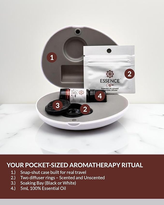 Essence Pearl Travel Case - Wearable Aromatherapy Kit with Nasal Diffuser Rings, Soaking Bay, and 5mL Essential Oil – Portable Wellness Gift Set for On?The?Go Self Care