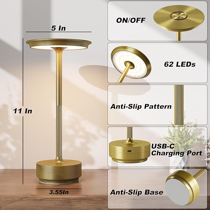 Cordless Table Lamps Rechargeable, Portable 5000mAh Battery Operated Lamp, 3 Color Stepless Dimming LED Table Light with Memory Function, for Outdoor/Dinner/Patio/Restaurant.(Gold)