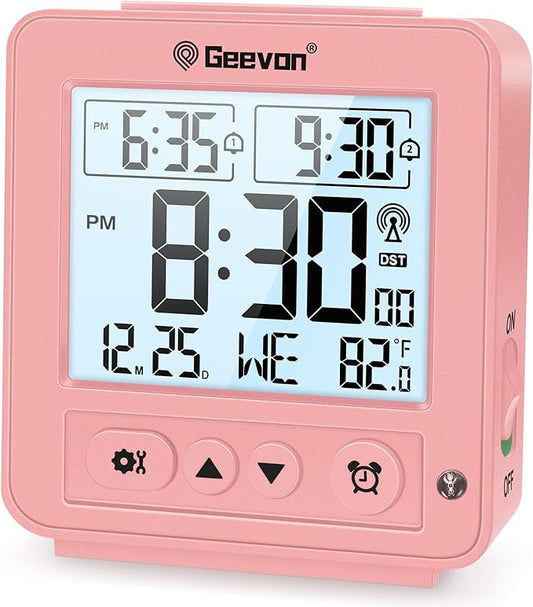 Geevon Small Digital Atomic Alarm Clock for Bedroom, Travel Table Clock with Auto/8s Backlight, 2 Alarm, Temperature, Desk Clock Battery Operated for Deep Sleepers Kids Elderly Home Office, Pink