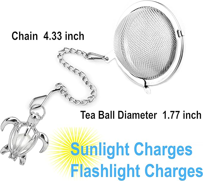 2pcs Tea Infuser TeaSanavie Loose Leaf Tea Steeper Stainless Steel Tea Ball Mesh Tea Strainer Silver Glow In The Dark Turtle Pendant Tea Filter with Extended Chain Hook for Brew Fine Loose Tea Leave