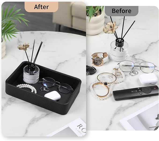 PU Leather Valet Tray Organizer, Modern Nightstand Organizer Bedside Desktop Storage for Womens and Men, Decorative Perfume Trinket Catchall Vanity Tray for Key Watch Wallet (Black)