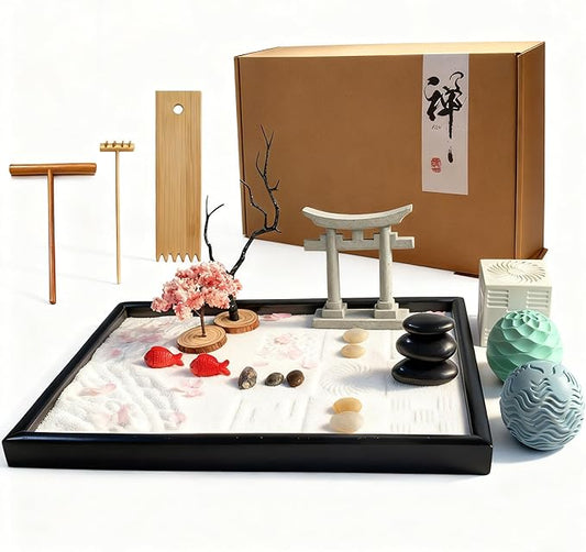 Japanese Zen Garden Kit for Desk with 3 Sand Spheres, Zen Decor with Wooden Tray and Natural Rake Torii Gate Ornament for Home & Office, Desktop Sandbox for Relaxation and Meditation