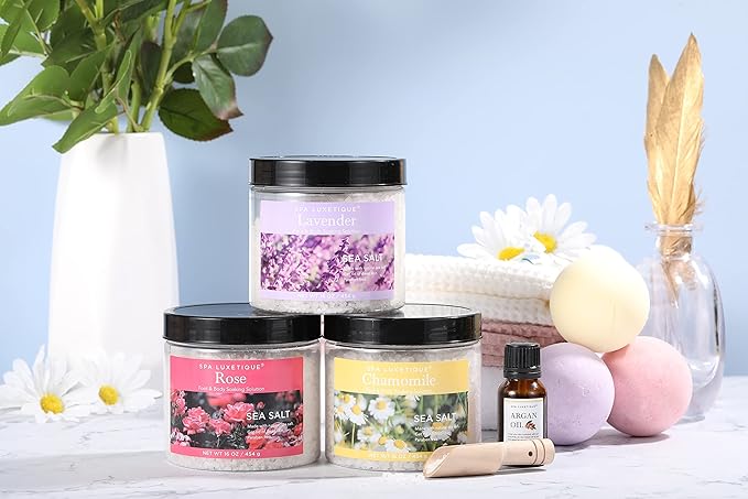 spa luxetique Bath Salts, 8pcs Bath Salts Gift Set with Argan Oil, Bath Bombs, Wooden Scoop, Epsom Salt for Soaking in Lavender, Rose, Chamomile Scent, Mother's Day Gifts, Christmas Gifts for Her