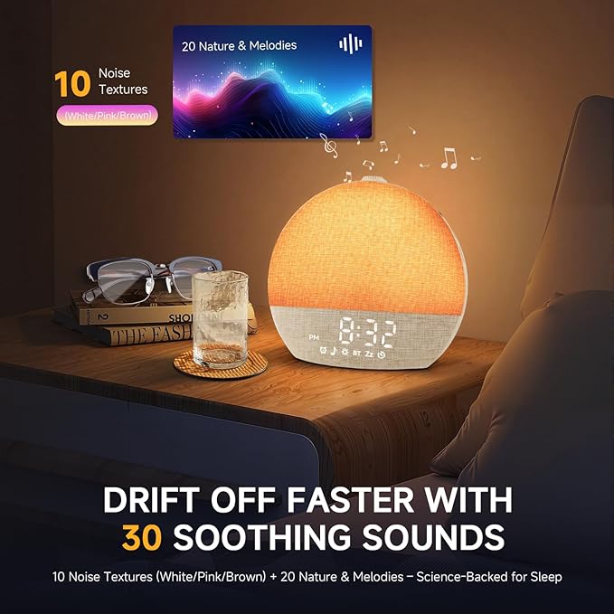Sunrise Alarm Clock White Noise Sound Machine for Bedroom | Natural Wake-Up Light with 30 Soothing Sleep Aids, Bluetooth Speaker, Dimmable Clock, Screen-Free Design for Baby Adults Kids-Khaki