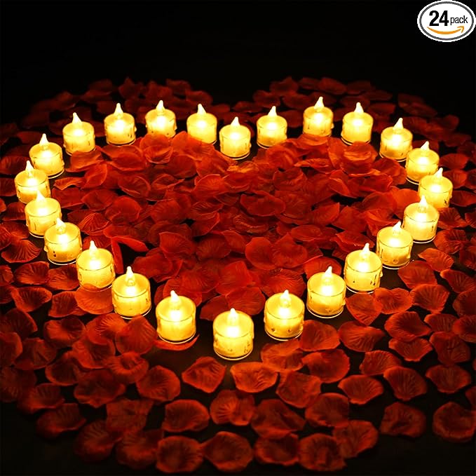 1000Pieces Artificial Rose Petals with 24 Pack LED Tea Lights Candle, Flameless Battery Operated Candles,Romantic Decorations Special Night Set for Valentines, Wedding Decor