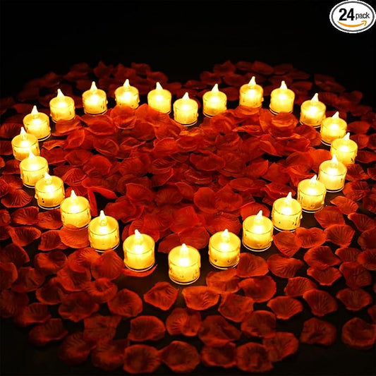 1000Pieces Artificial Rose Petals with 24 Pack LED Tea Lights Candle, Flameless Battery Operated Candles,Romantic Decorations Special Night Set for Valentines, Wedding Decor