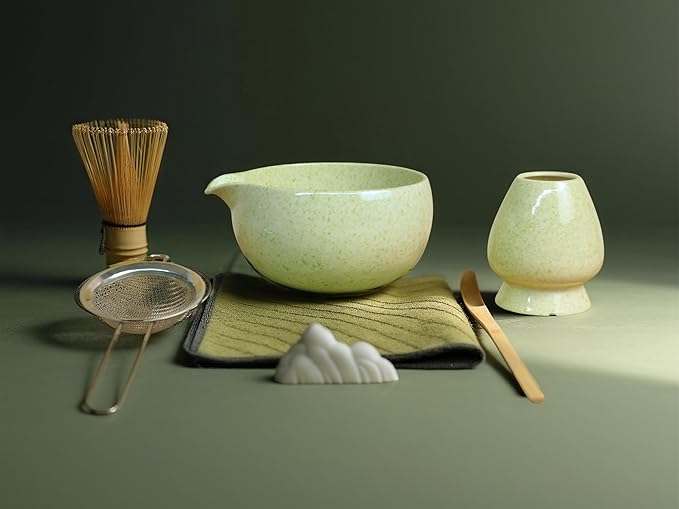 Matcha Set, Ceramic Matcha Kit Set with Matcha Bowl, Matcha Whisk Chasen and Whisk Holder, Sifter, Bamboo Scoop, Scoop Rest and Tea Towel-7 Pcs Matcha Kit for Matcha Lovers, Green