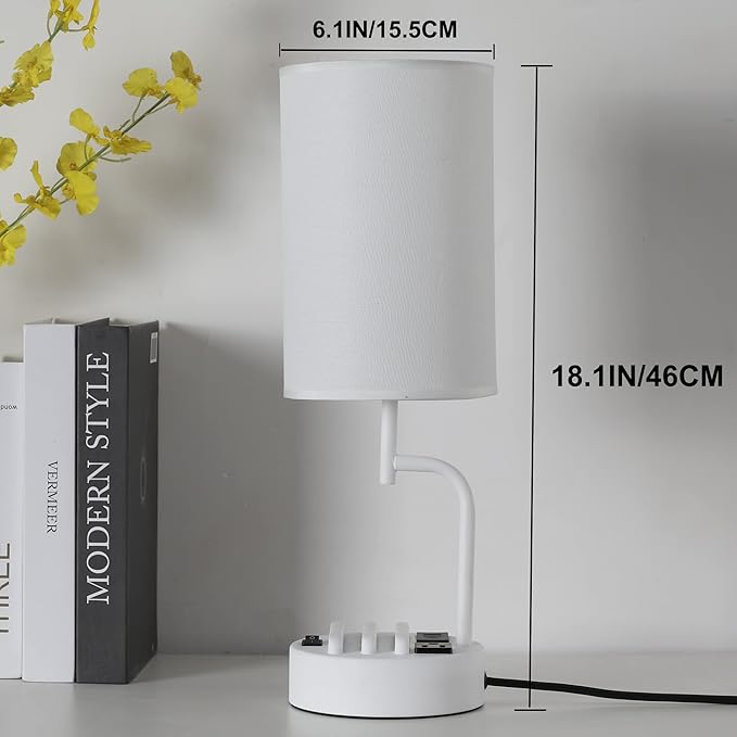 Dreamholder Table Lamp with 3 USB Charging Ports, Modern Desk Lamp with AC Outlet and Phone Stands, Perfect Bedside Lamp for Bedroom, Living Room, Office (Pack of 2), White