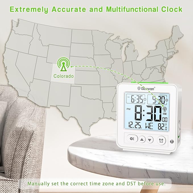 Geevon Small Digital Atomic Alarm Clock for Bedroom, Travel Table Clock with Auto/8s Backlight, 2 Alarm, Temperature, Desk Clock Battery Operated for Deep Sleepers Kids Elderly Home Office, White