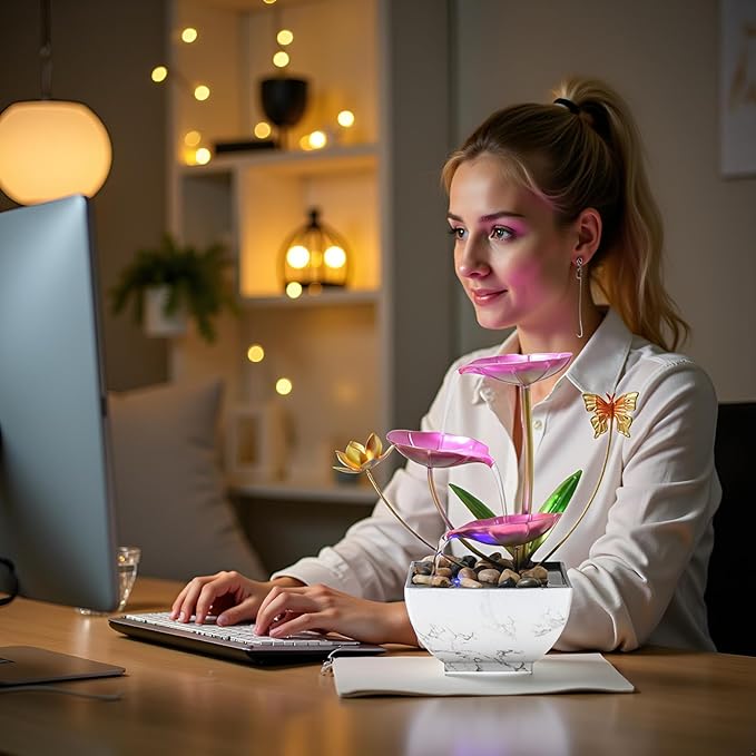 Pink Tabletop Water Fountain, Fall Decor USB Desktop Sleep Waterfall, Women Office Decor, Zen Garden for Desk，Thanksgiving Gift