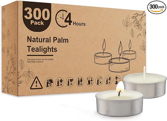 Unscented Palm Tea Lights Candles 300 Pack Bulk, 4.5 Hours Long Burning White Tea Lights,Non-Paraffin, Smokeless, Mini Tealight Candles for Wedding, Christmas Lights, Party, Power Outages