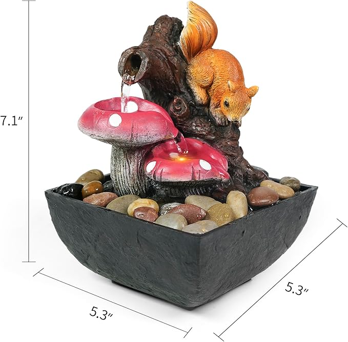 Ferrisland Tabletop Water Fountain Indoor - 3 Tiered Waterfall Fountain Indoor Desktop Water Feature with Light Squirrels Animal Sculpture Relaxation Fountains for Office Home Decor, Gift Idea
