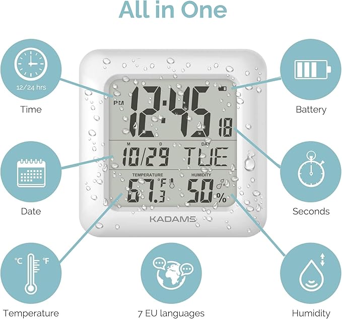 KADAMS Bathroom Clock 9.5" Kitchen Wall Clock with Large LCD Screen – Shower Clock with Suction Cup,Temperature, Humidity, Calendar – Water-Resistant, 4 Mounting Options, White