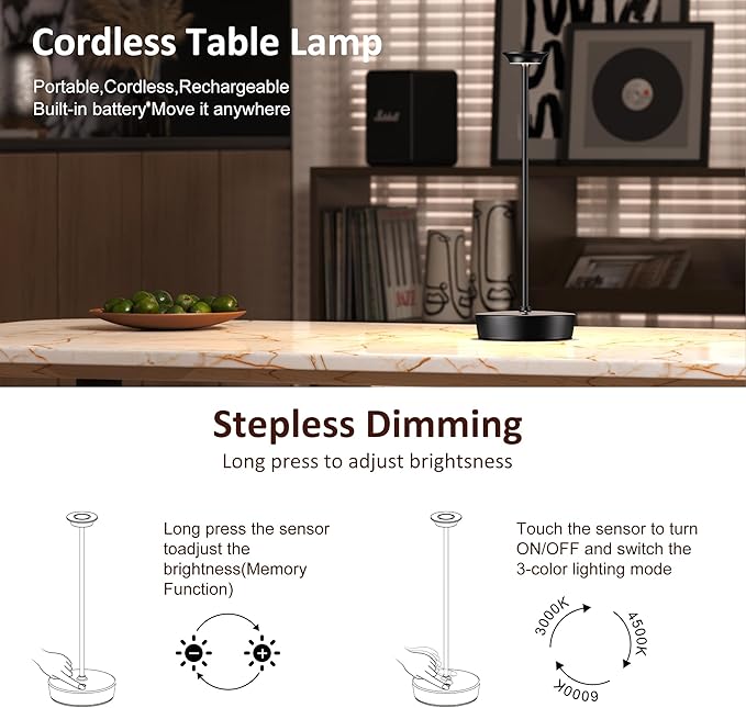 YHT Cordless LED Table Lamp Set of 2, Outdoor Portable LED Table Lamp, Dimming 6000mAh Battery Waterproof Table Light for Restaurant, Patio, Dinner, Bedroom (2Pack Black)