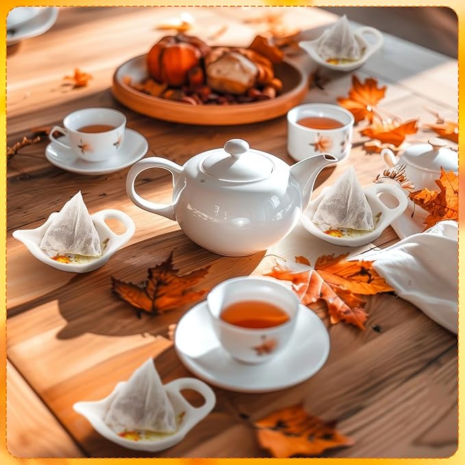 Set of 6 Thanksgiving Fall Pumpkin Tea Bag Holders Porcelain Ceramic Teapot Shaped Coasters Tea Bag Plate Spoon Rests Pad Saucer Seasoning Dish Set for Party Decoration Gifts, 3.7x2.75''