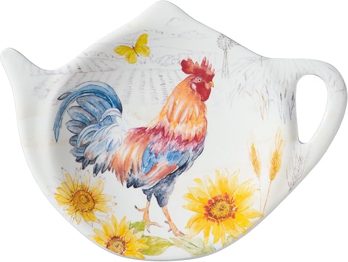 Supreme Housewares Sunshine Rooster Tea Bag Holders, Teapot Shaped Tea Bag Coasters Spoon Rests Saucer Seasoning Dish Set, Multicolor, 4 x 3 Inch, Set of 4