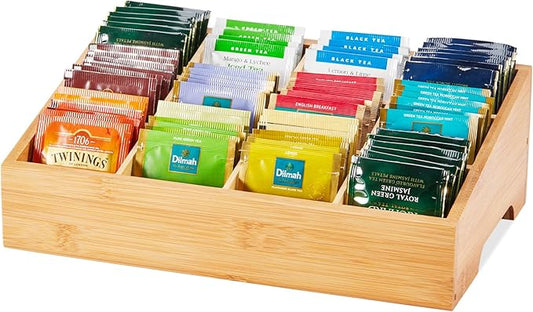 Tea Bag Organizer - Bamboo Tea Storage Organizer With 12 Compartments, 1 Layer Tea Organizer for Tea Bags Natural Bamboo for Countertop Office Kitchen Cabinet Pantry