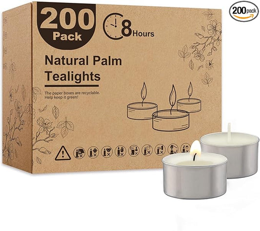 Unscented Palm Tea Lights Candles 200 Pack Bulk, 8 to 9 Hours Long Burning White Tea Lights,Non-Paraffin, Smokeless, Mini Tealight Candles for Wedding, Christmas Lights, Party, Power Outages