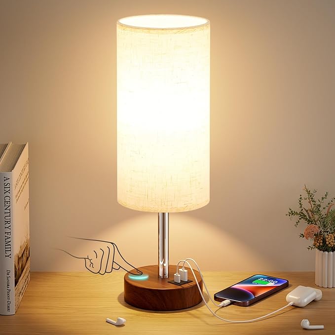 Touch Bedside Table Lamp with USB - 3 Way Dimmable Redwood Lamps for Bedroom Nightstand, Desk Lamp with Charging Station for Dorm, Living Room, Office, Kids Room, Nursery