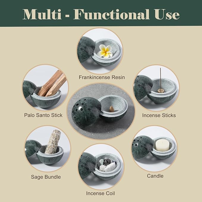 Koville Marble Incense Burner, Natural Stone Incense Holder for Cone/Balsam Fir/Palo Santo/Sage, Handmade Sphere Incense Burner for Meditation Yoga SPA Relaxation, Home Decor(Green)