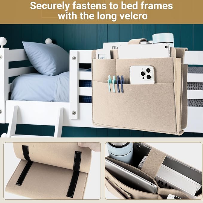 Seefoo Bedside Caddy, Large Bed Caddy Organizer with Cord Slit, Magazine Holder for Books, Remotes, Bunk Bed Storage Pocket with Strong-Grip Loop Tape Sticky for Dorm, Bedroom, Sofa Beige