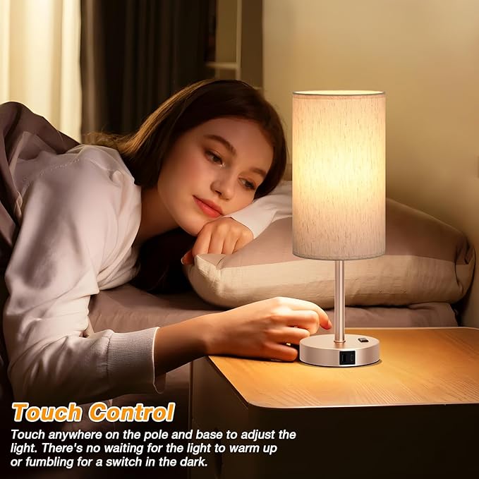 Dicoool Touch Bedside Table Lamp with USB - 3 Way Dimmable Lamp for Bedroom Nightstand, Desk Lamp with Charging Station for Dorm, Office, Living Room,Kids Room