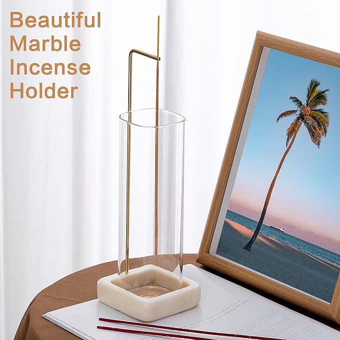 Incense Holder, Unique Marble Incense Stick Holder, 100% Anti-Ash Flying, Brass Incense Holder for Sticks, Incense Burner Holder for Meditation Yoga (White)