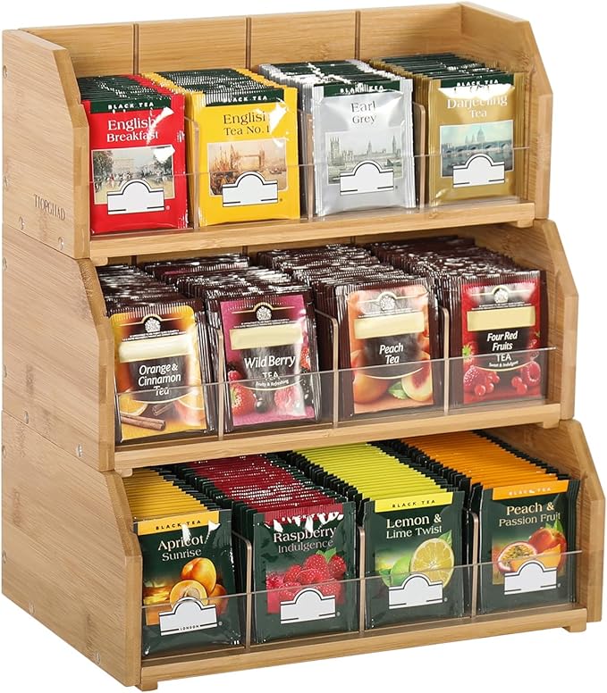 3 Layer Stackable Bamboo Tea Bag Organizer Storage Holder for Tea Bags Wood Tea Box Containers Tea Rack Teabag Station Stand for Cabinet Countertop Office(Patented Design)