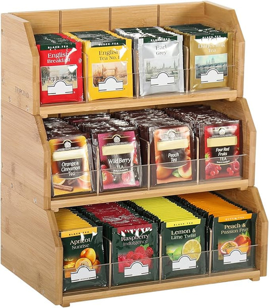 3 Layer Stackable Bamboo Tea Bag Organizer Storage Holder for Tea Bags Wood Tea Box Containers Tea Rack Teabag Station Stand for Cabinet Countertop Office(Patented Design)