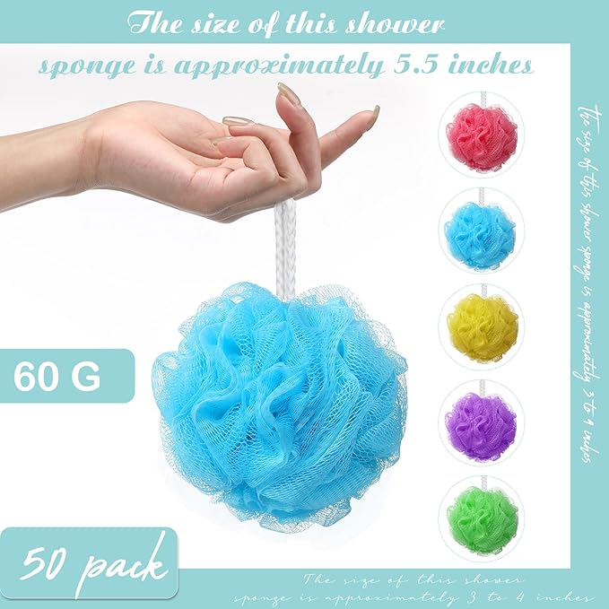 Nitial 50 Pcs Large Bath Shower Loofah Sponge Bulk 60g Exfoliating Bath Sponge Soft Shower Scrunchies Colorful Bath Loofahs for Men Women Shower(Fresh Color)