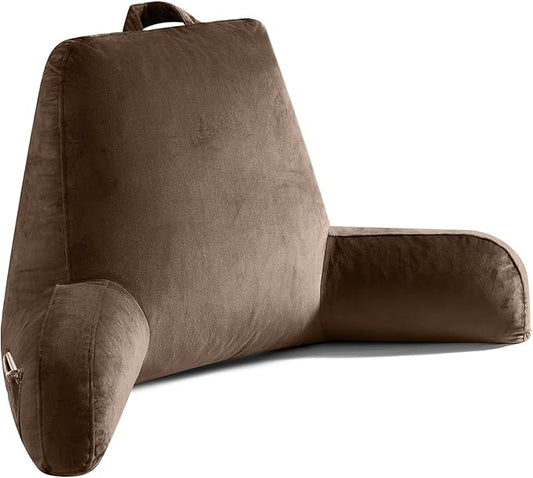 Reading Pillow for Sitting in Bed Adult, Reading Pillow with Shredded Memory Foam, Back Pillow for Bed Sitting Up with Extend Arms, Pockets, Bed Pillow with Washable Cover,Brown, X-Large