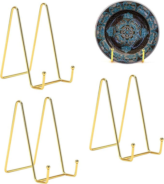 3 Pack 8 Inch Plate Stands for Display, Plate Holder Display Stand, Picture Frame Stand Black Metal Frame Holder Stands for Book,Small Easel,Decorative Plate,Photo and Platter,Tabletop Art-gold