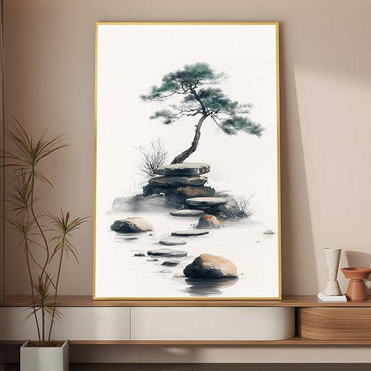Zen Garden Canvas Wall Art, Zen Stone Canvas Wall Art, Zen Pictures Wall Art, Japanese Canvas Wall Art, Meditation Wall Art, Framed Canvas Print, Wall Art for Living Room, Zen Room (Gold Framed, 20"x30"|51x76cm)