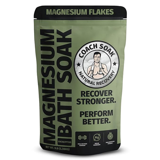 Coach Soak Recovery Bath Soak - Alternative to Epsom Salt Bath Soak - Fast-Absorbing Pure Magnesium Flakes & Dead Sea Salt with 21 Minerals, Bath Salts & Essential Oils - 3 lb, Eucalyptus Tee Tree