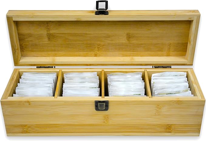 Bamboo Tea Organizer Box Chemical Free Eco-Friendly Big, Tall, Adjustable Cubbies Natural Wooden Storage Chest (4-Slot Across 14.3"x 4.4" x 4.2")