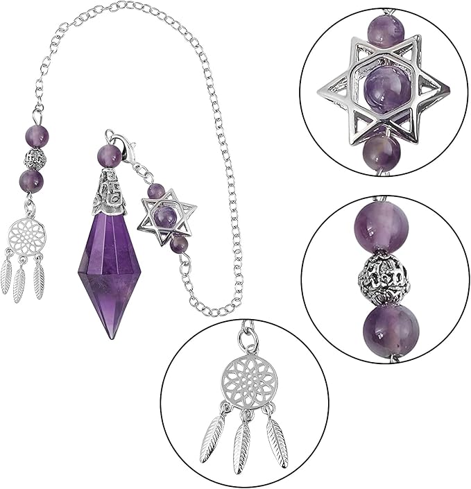 TUMBEELLUWA Reiki Healing Crystal Point Pendulum Dowsing Divination, Reiki Meditation Faceted Stone Pendant with Dream Catcher and Merkaba Star Chain, Amethyst