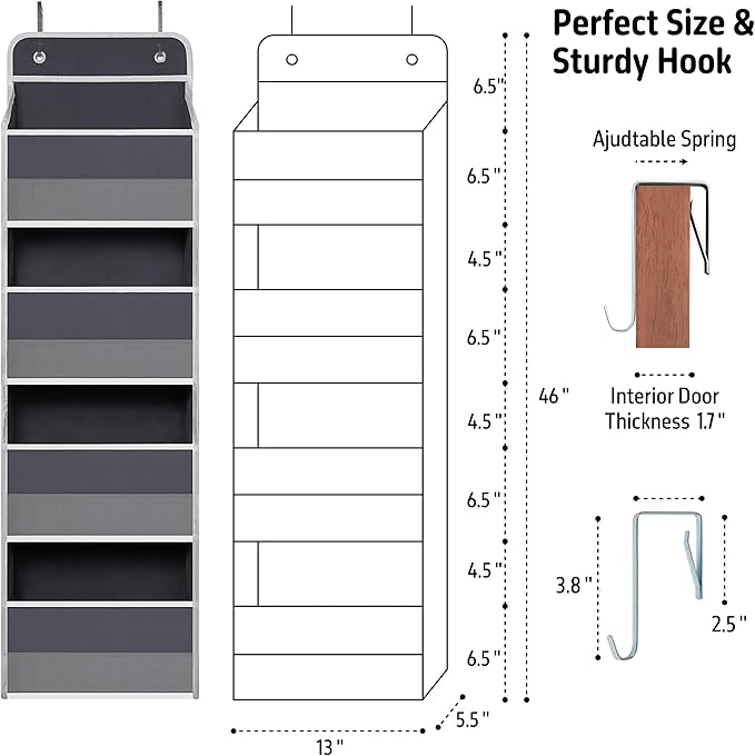 Over Door Organizer with 4 Large Capacity Pockets, Heavy Duty Hanging Organizer Storage for Closet Bathroom Nursery Bedroom Dorm, Toys Cosmetics Sundries and Baby Essentials, Gray