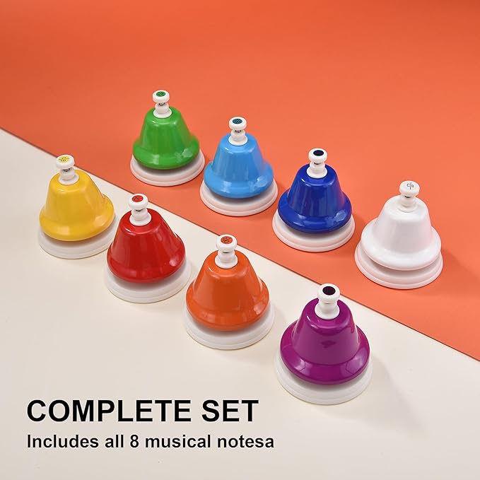 HILAZA Desk Bells for Kids, 8 Note Diatonic Hand Bells, Rainbow Music Handbells Table Bell Musical Percussion Instrument
