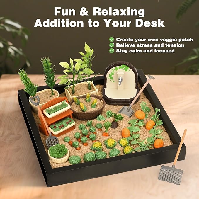 Dreamon Zen Sand Garden for Desk - Vegetable Gardening Themed Sand Tray Therapy Kit with 56 Accessories & Encouragement Cards - Meditation Room & Office Stress Relief Toy - Funny and Novelty Gift Idea