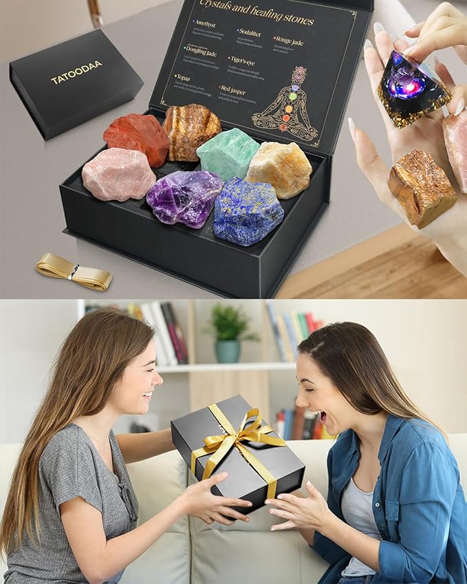 Crystals and Healing Stones Set with Orgonite Pyramid - (2-2.5 inch) Large 7 Chakras Stones, Positive Energy Healing Stones for Meditation Spiritual Protection, Christmas Birthday Gifts for Women