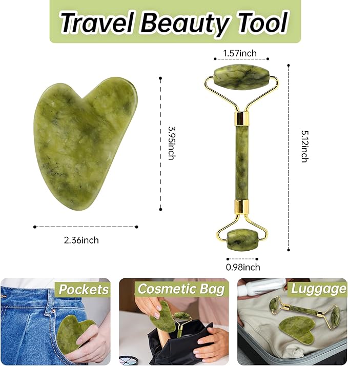 Jade Gua Sha and Face Roller, Real Jade Gua-Sha Stone Facial Tools Set for Reduce Puffiness, Body Guasha Tool for Relieve Neck Tension, Skincare Beauty Massager as Present for Women, Green