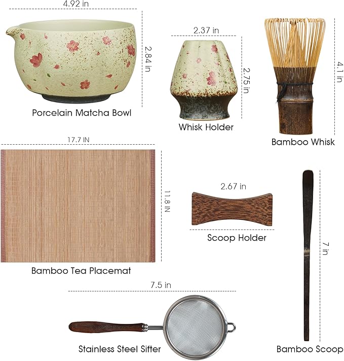 7-Piece Matcha Set with Ceramic Matcha Bowl, Bamboo Whisk (Chasen) & Holder, Sifter, Tea Scoop & Rest, Special Bamboo Tea Mat - Perfect Matcha Kit for Matcha Lovers & Gift Giving, Sakura
