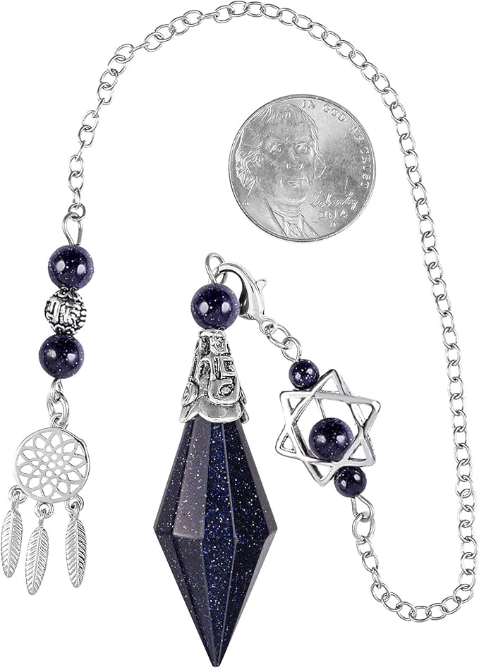 TUMBEELLUWA Reiki Healing Crystal Point Pendulum Dowsing Divination, Reiki Meditation Faceted Stone Pendant with Dream Catcher and Merkaba Star Chain, Blue Sand